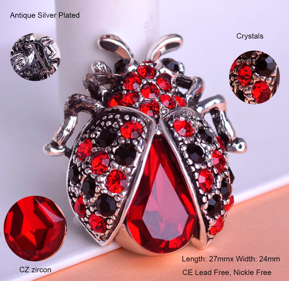 Blucome Vintage Red Crystals Ladybug Brooches For Woman Kids Suit Hats Scarf Brooch Clip Pins Insects Jewelry Small Size Corsage