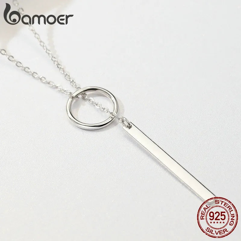 BAMOER Genuine 925 Sterling Silver Round Circle Line Geometric Pendant Necklaces for Women Sterling Silver Jewelry SCN304