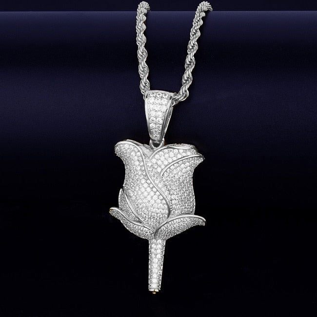 Rose Flower Necklace &amp; Pendant Color Iced Cubic Zircon Men&#39;s Hip Hop Jewelry