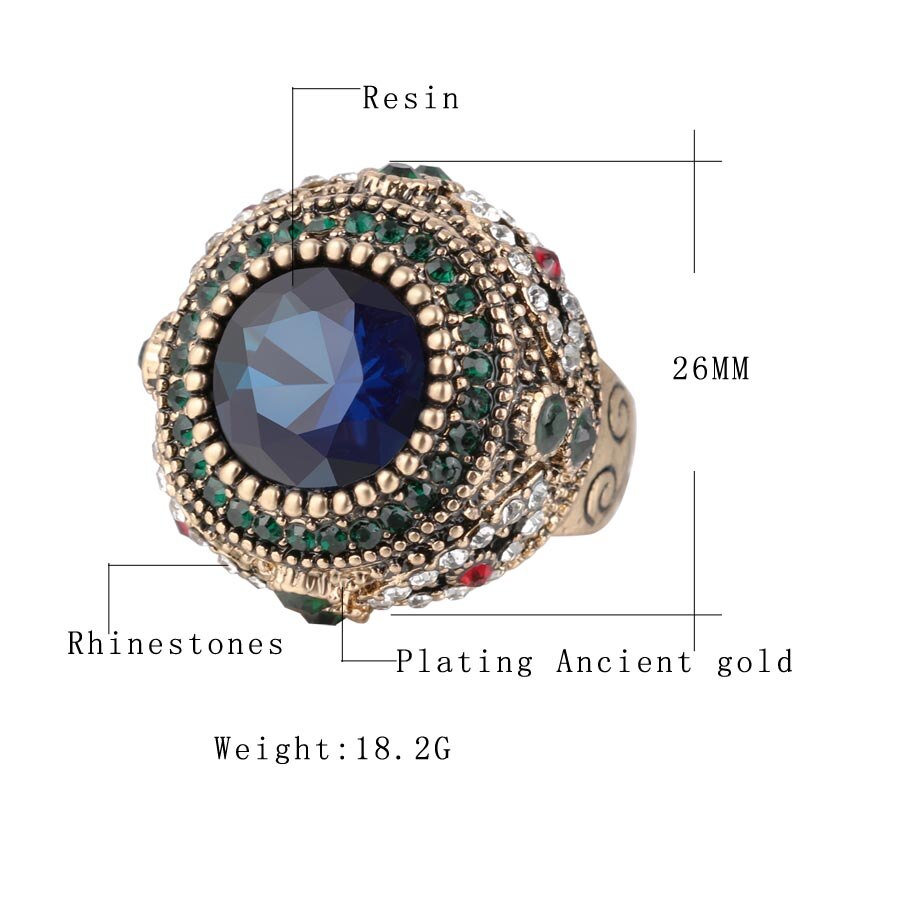 Luxury Dubai Gold Big Blue Stone Ring Mosaic Colorful Crystal Crown Wedding Rings For Women Vintage Boho Statement Jewelry