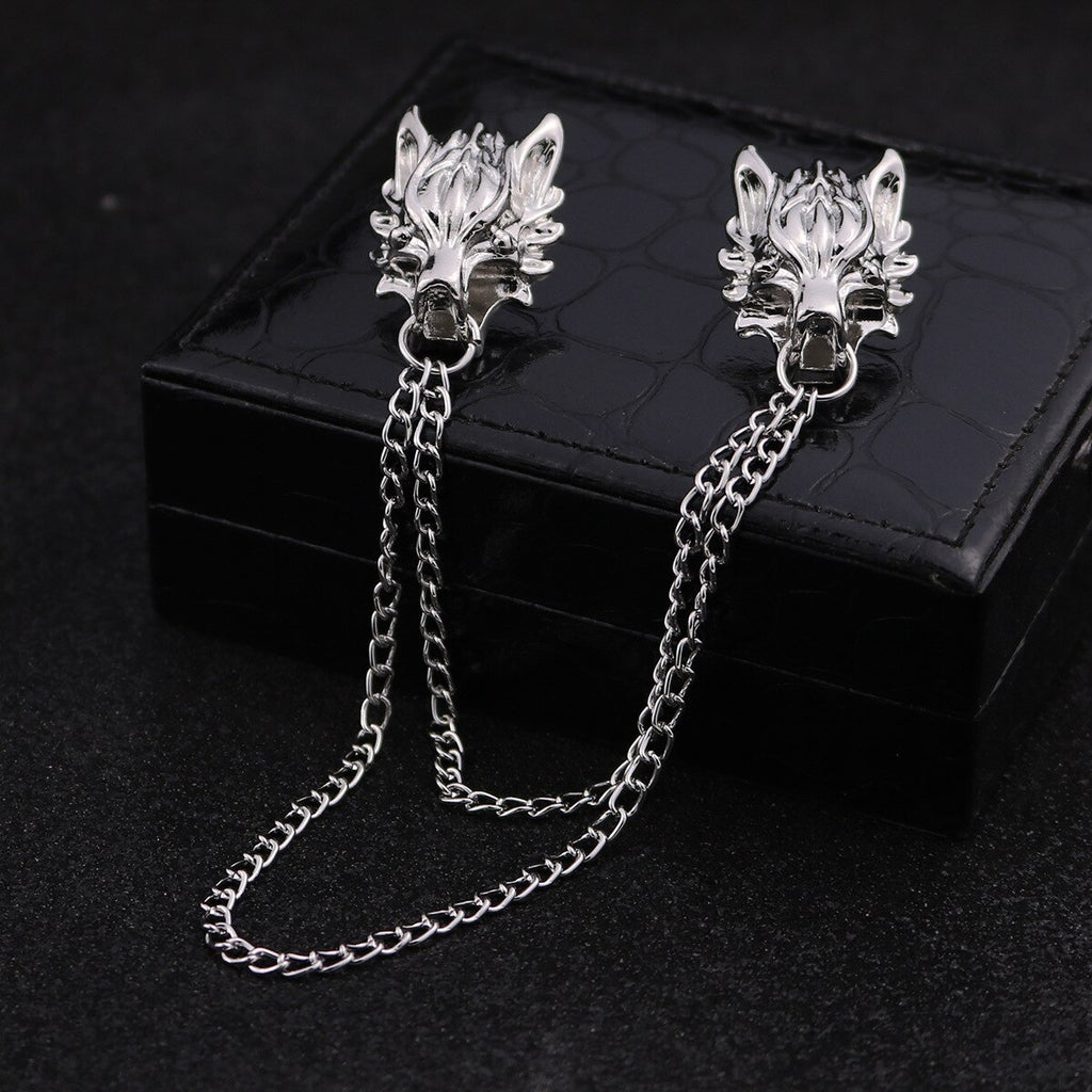 Personality Fashion Alloy Wolf Brooch Pin Clothing Shirt Collar Lapel Pins Metal Long Chain Tassel Brooches Gift for Men Jewelry