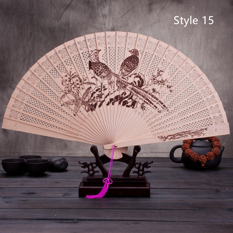 Chinese Japanese Folding Fan Original Wooden Hand Flower Bamboo Classical PrintedFan Ladies Dance Performance and Home Decor