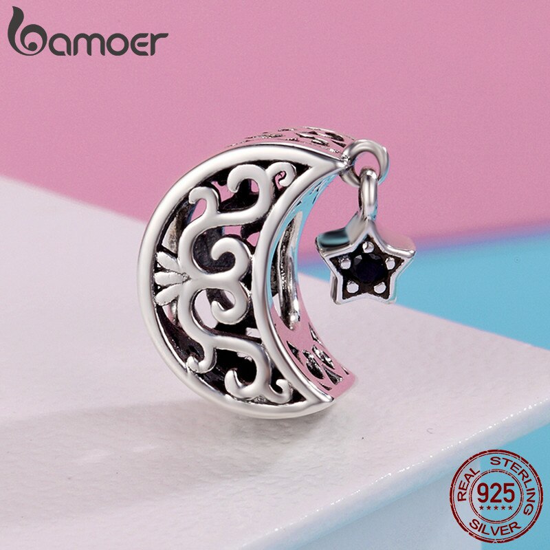 BAMOER 100% 925 Sterling Silver Openwork Moon and Star Goodnight Charm Beads fit Bracelet DIY Jewelry Valentine Day Gift SCC483