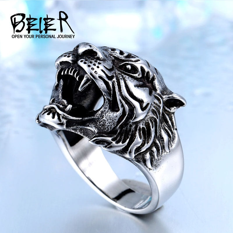 BEIER Stainless Steel Titanium Tiger Head Ring Men Personality Unique Men's Animal Amulet Jewelry good detail BR8-307 US size