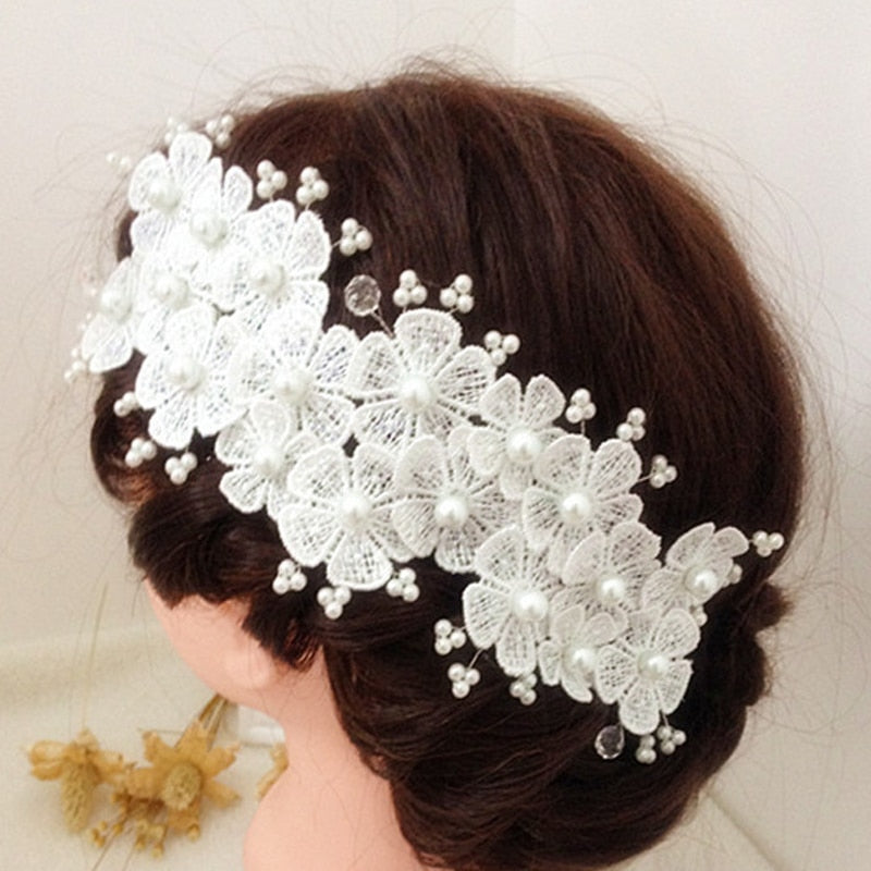 Fashion Wedding Hair Accessories Pearl Haedbands for Bride Red White Lace Crystal Tiara Floral Elegant Bridal Hair Jewelry