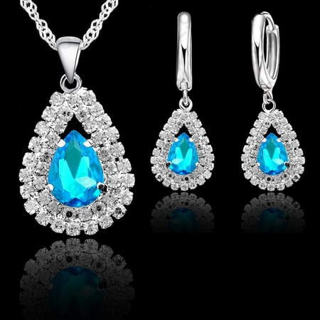 Jewelry Sets Blue 925 Sterling Silver Crystal Pendant Necklace 18&quot; Chain Hoop Earring Lever Back Women Gift Accessories