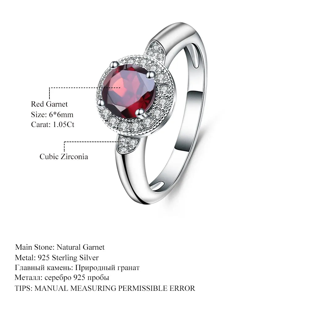 GEM&#39;S BALLET 1.05Ct Round Natural Red Garnet Classic Gemstone Ring 100% 925 Sterling Silver Wedding Rings for Women Fine Jewelry