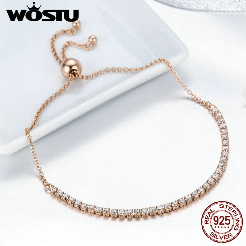 WOSTU Valentine Day Gift 925 Sterling Silver Luminous, Pink CZ Strand Bracelet Tennis Bracelet Women S925 Silver Jewelry CQB045