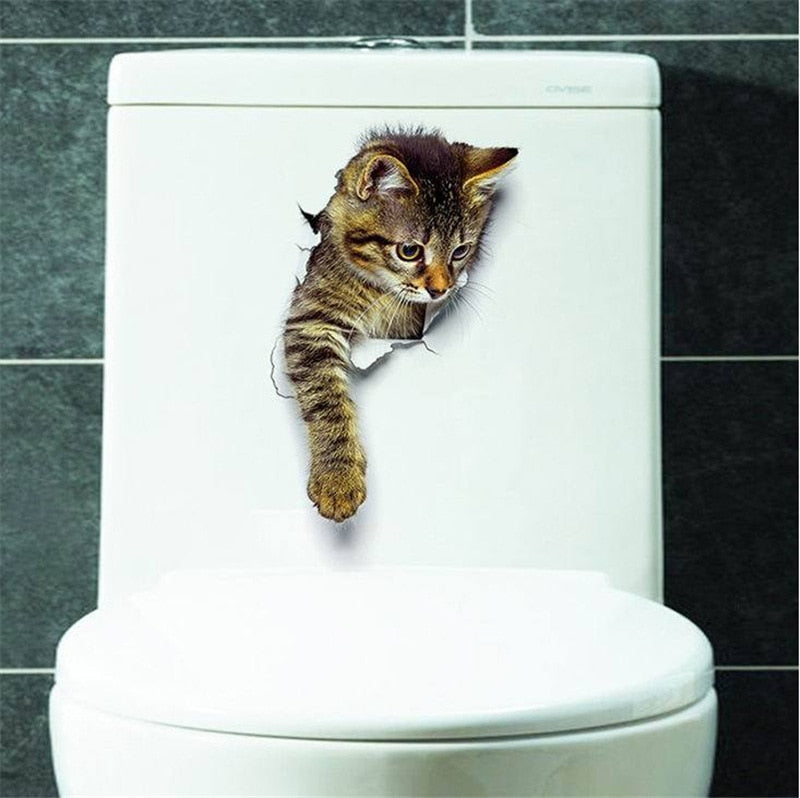 Vivid 3d Hole Cat Dog Animal Toilet Stickers Home Decoration Diy Wc Washroom Pvc Posters Kitten Puppy Cartoon Wall Art Decals