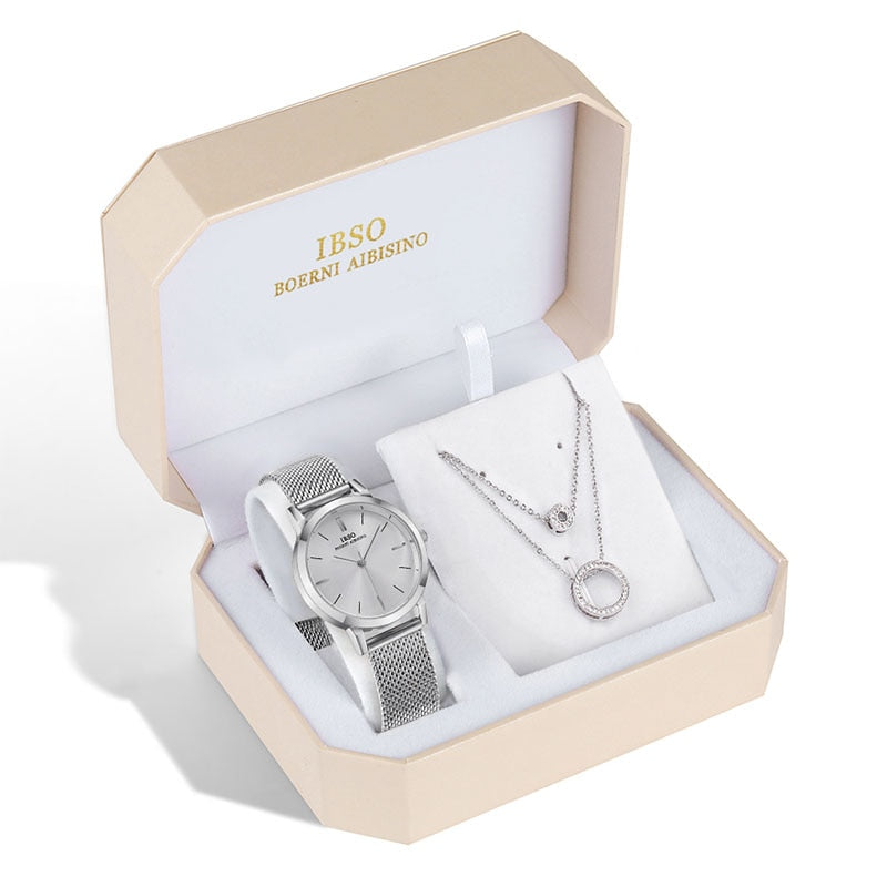 IBSO Brand Women Watch Set Silver Necklace Quartz Watch Set Female Jewelry Set Fashion Creative Crystal Quartz Watch Lady&#39;s Gift