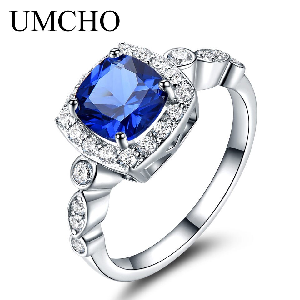 UMCHO Solid 925 Sterling Silver Ring Blue Sapphire Rings For Women Birthstone Gifts Emerald Ring Wedding Engagement Jewelry Gift