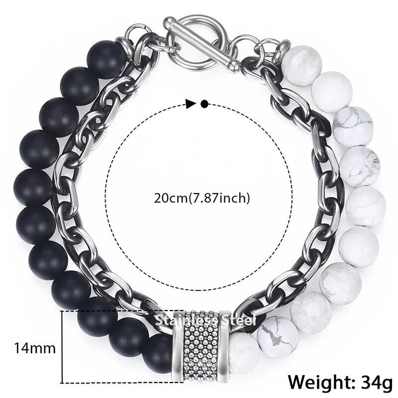 Trendsmax Natural Map Stone Men&#39;s Beaded Bracelet for women Stainless Steel Bracelets Male Jewelry Tiger eye 8 9 10 inch DB33