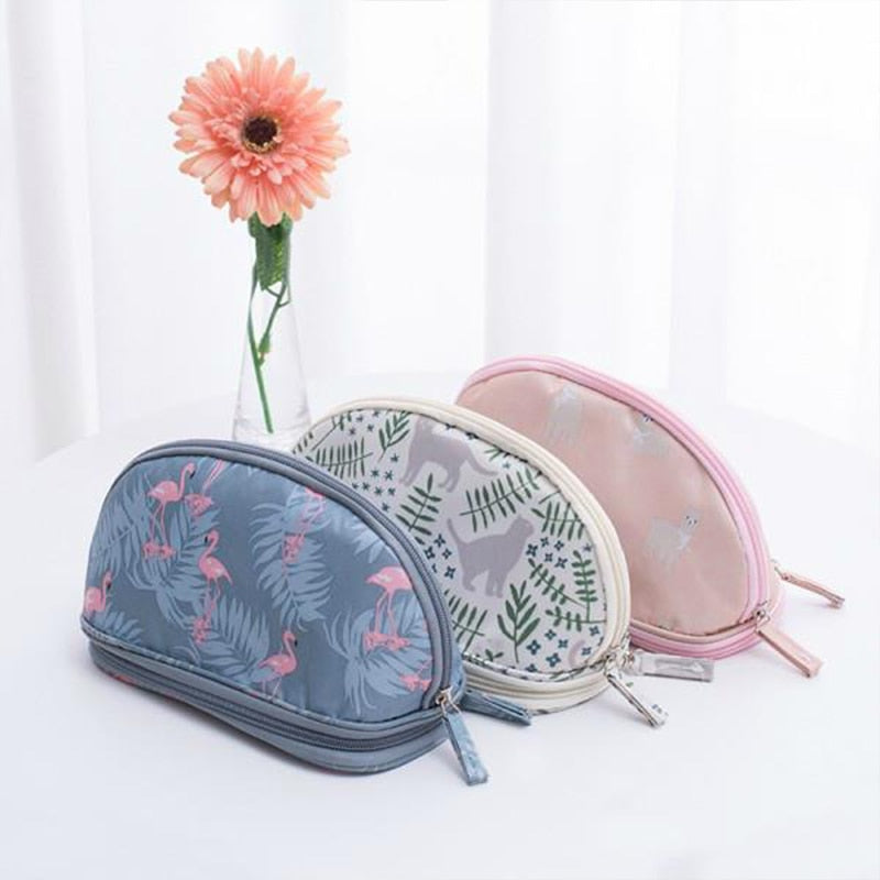 DIHFXX Portable Flamingo Cosmetic Bag Double Layer Travel MakeUp Pouch Bags Circular Make Up Bag Brush Organizer For Woman pouch