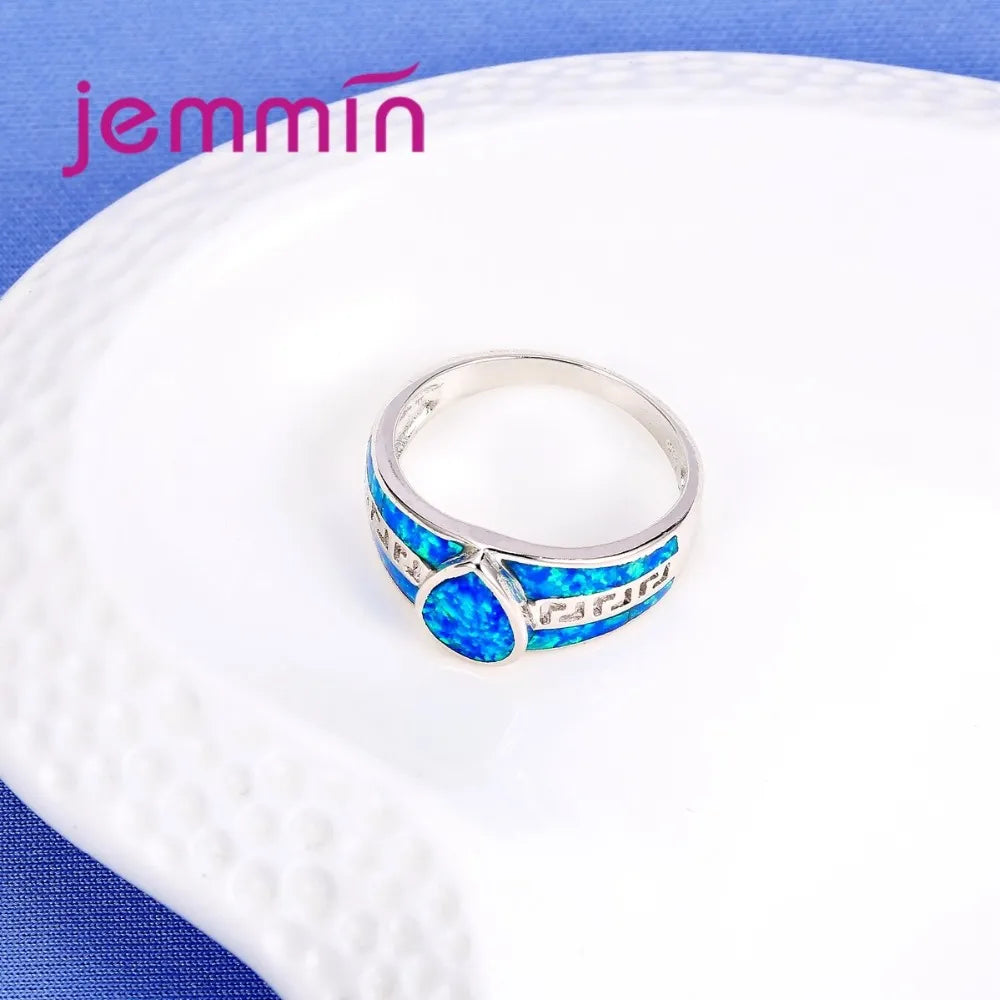 Simple Wide Wedding Hollow Ring Water Drop Crystal Shape Blue Fire Opal Ring Brilliant Jewelry for Women Female