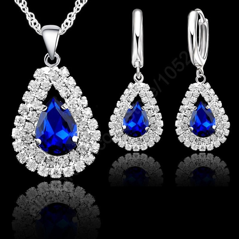 Jewelry Sets Blue 925 Sterling Silver Crystal Pendant Necklace 18&quot; Chain Hoop Earring Lever Back Women Gift Accessories