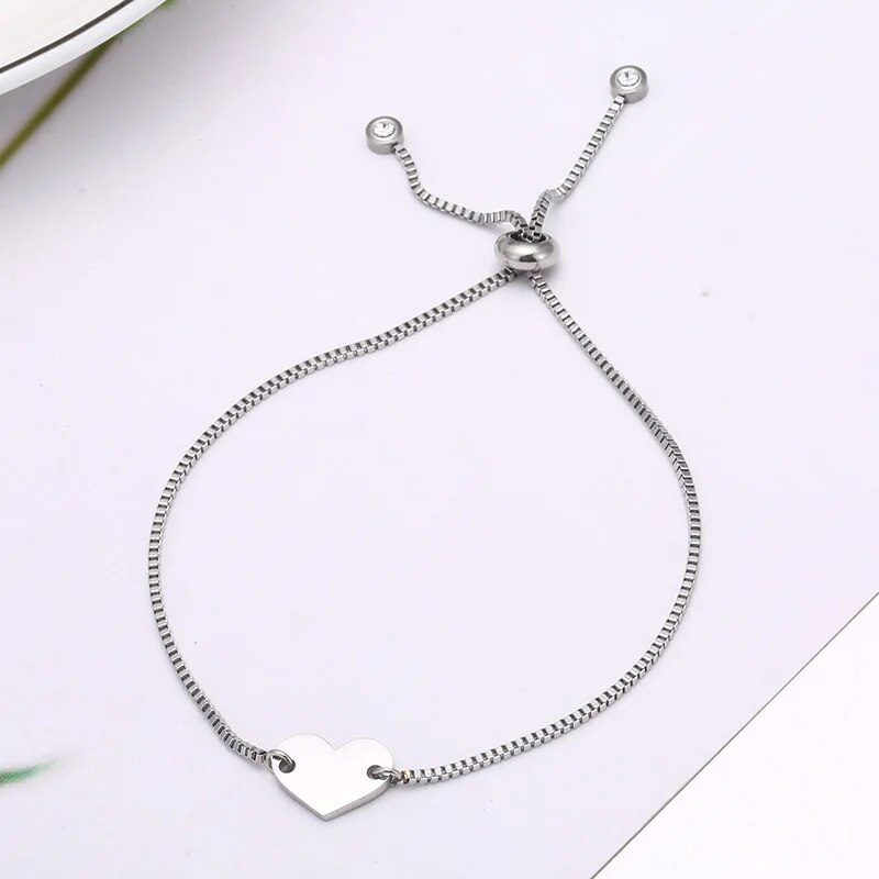 Customized Name Bracelets Engraved Small Cute Heart Bracelet Stainless Steel Engrave Adjustable Bangles For Woman Gift