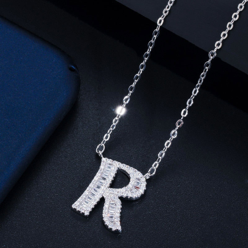 CWWZircons Elegant Shiny Cubic Zirconia Crystal 26 Initial Name Letter Pendant Necklace for Women DIY Custom Jewelry Gift  CP046