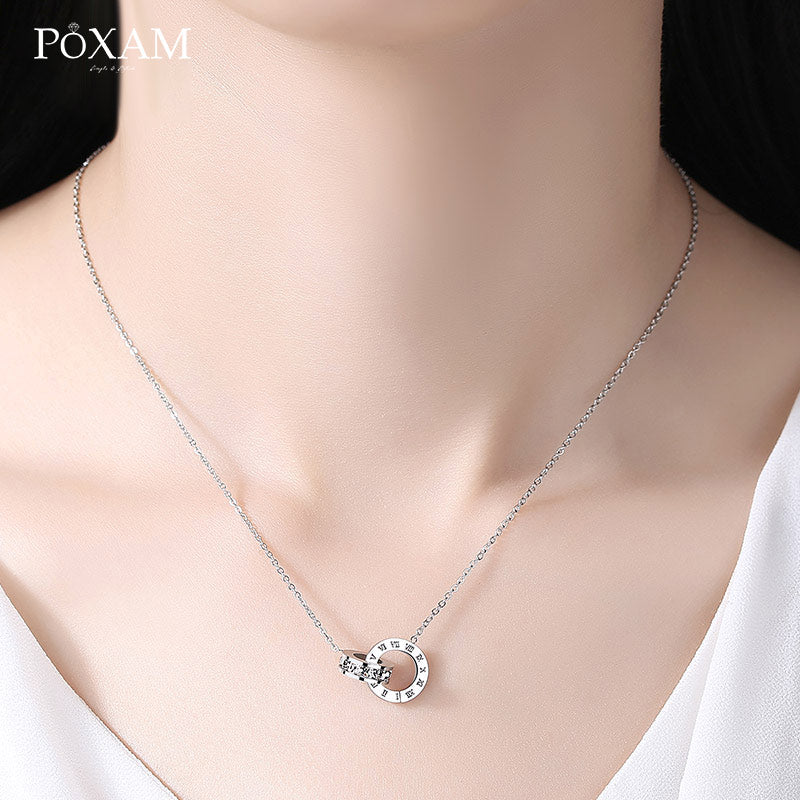 POXAM Luxury Elegant Crystal Choker Fashion Roman Digital Stainless Steel Gold Silver Color Pendant Necklaces for Women Jewelry