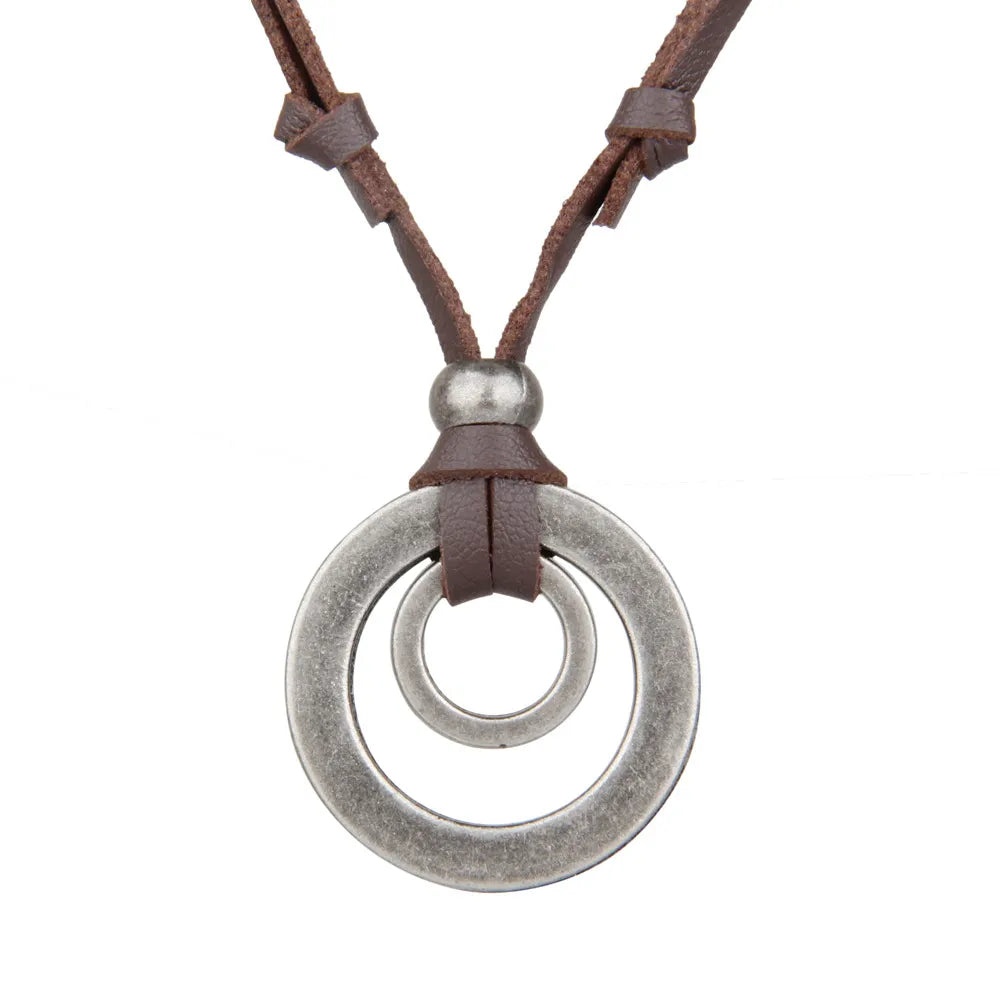 NIUYITID Men Leather Necklace & Pendants Retro Long Black Brown Rope Chain Adjustable Circle Alloy Jewelry Women Neckless