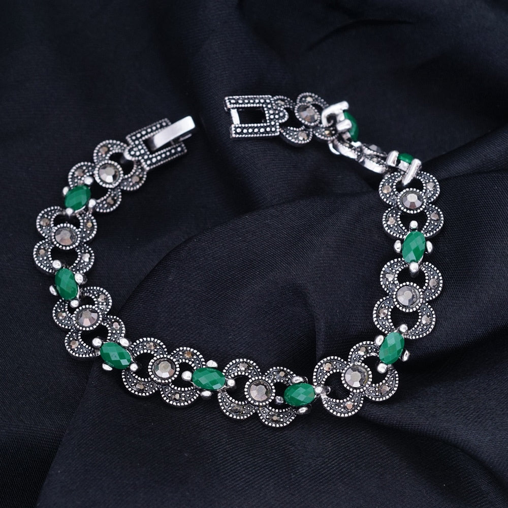 Yunkingdom Indian Woman Bohemian Ethnic Silver Color Bracelets Green Stones Jewelry Wholesale YUN0620