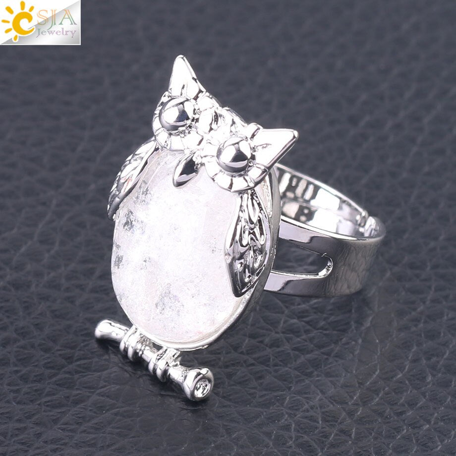 CSJA Lovely Owl Women Finger Ring Natural Stone Cabochon Bead Adjustable Rings Silver-color Cute Animal Charm Party Jewelry F566