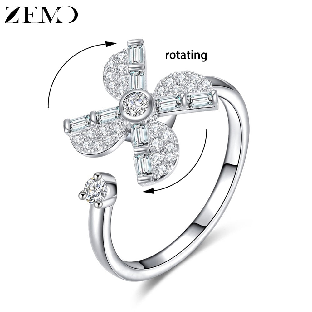 ZEMO Flower Rotate Rings for Women Crystal Rotating Finger Rings Adjustable Rose Gold Wedding Rings for Women Resizeable Anillos