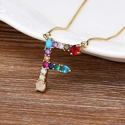 New Arrival Hot Sale Personal Name Letter Necklace Rainbow CZ Initials Alphabet Women Girls Gorgeous Family Jewelry Gift