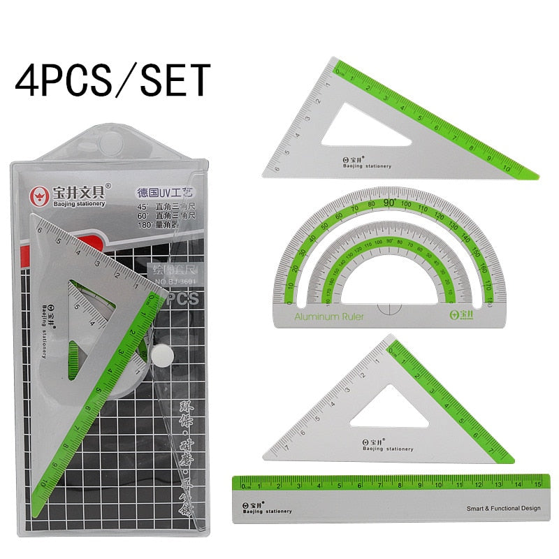 4PCS/Set UV Aluminum Alloy Ruler Drawing Measurement Geometry TriangleRuler straightedge Protractor A variety of rulers