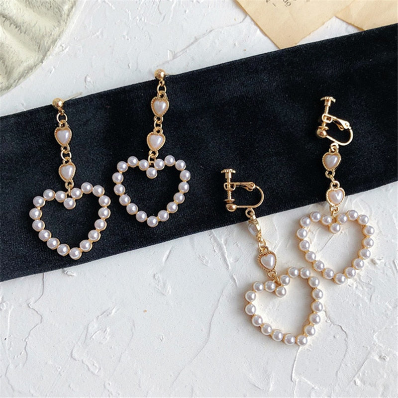 Fashion heart sutd earrings female  Popular long heart pearl earrings banquet jewelry accessories tassel earrings for women