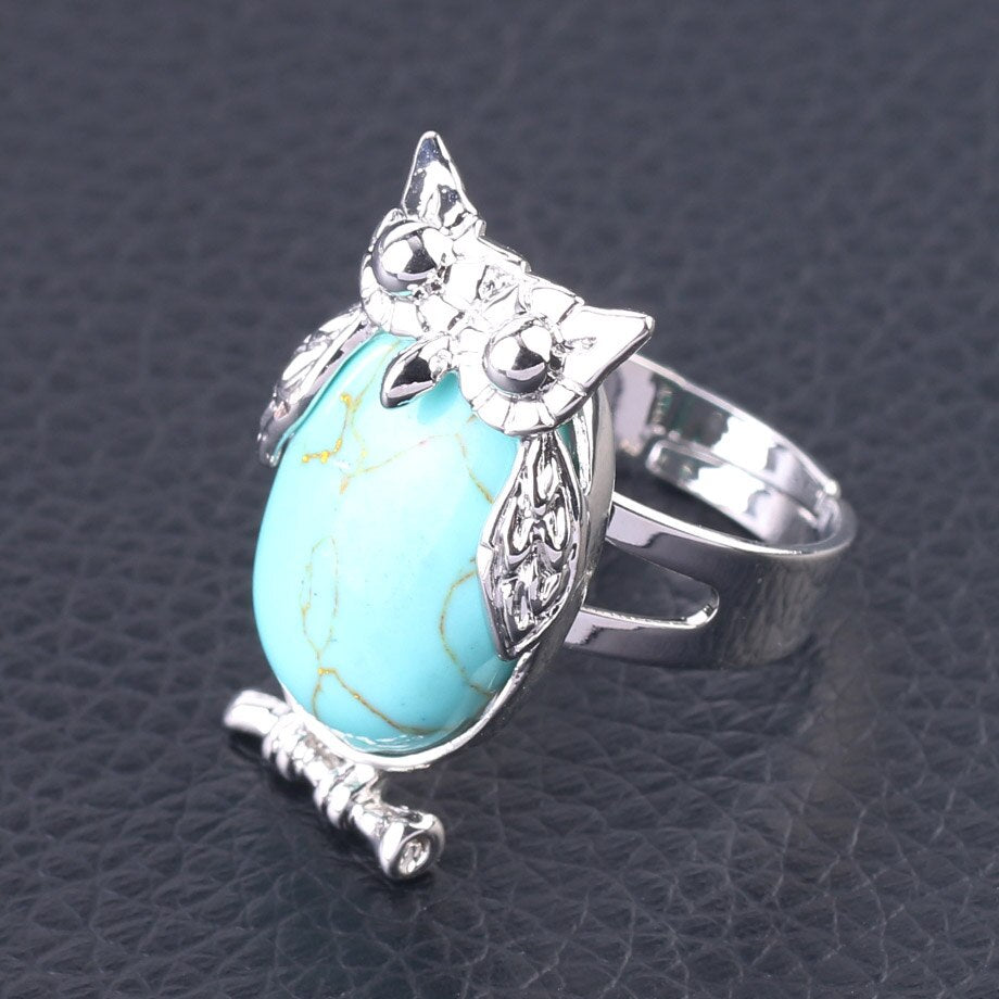 CSJA Lovely Owl Women Finger Ring Natural Stone Cabochon Bead Adjustable Rings Silver-color Cute Animal Charm Party Jewelry F566