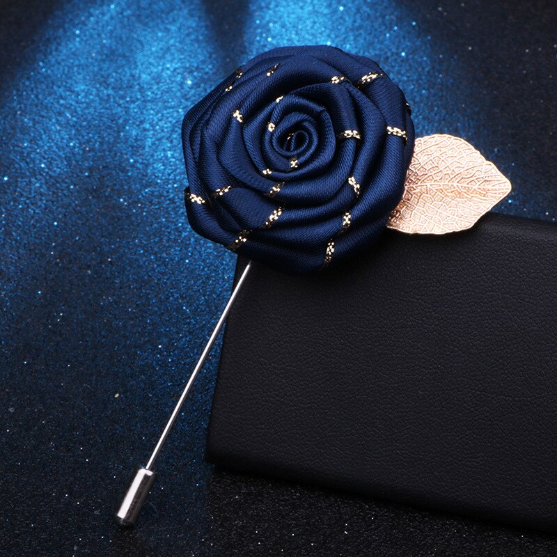 Men&#39;s Leaf Fabric Rose Flower Brooches Cloth Collar Long Needle Lapel Pin Gifts for Men Women Wedding Accessories Jewelry