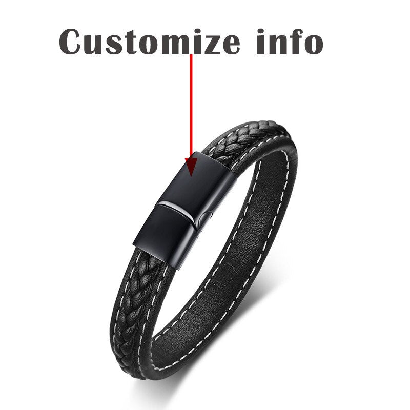 Black Genuine Leather Bracelet for Men Engraving Name Custom Personalized Logo