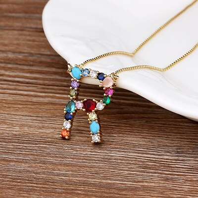 New Arrival Hot Sale Personal Name Letter Necklace Rainbow CZ Initials Alphabet Women Girls Gorgeous Family Jewelry Gift