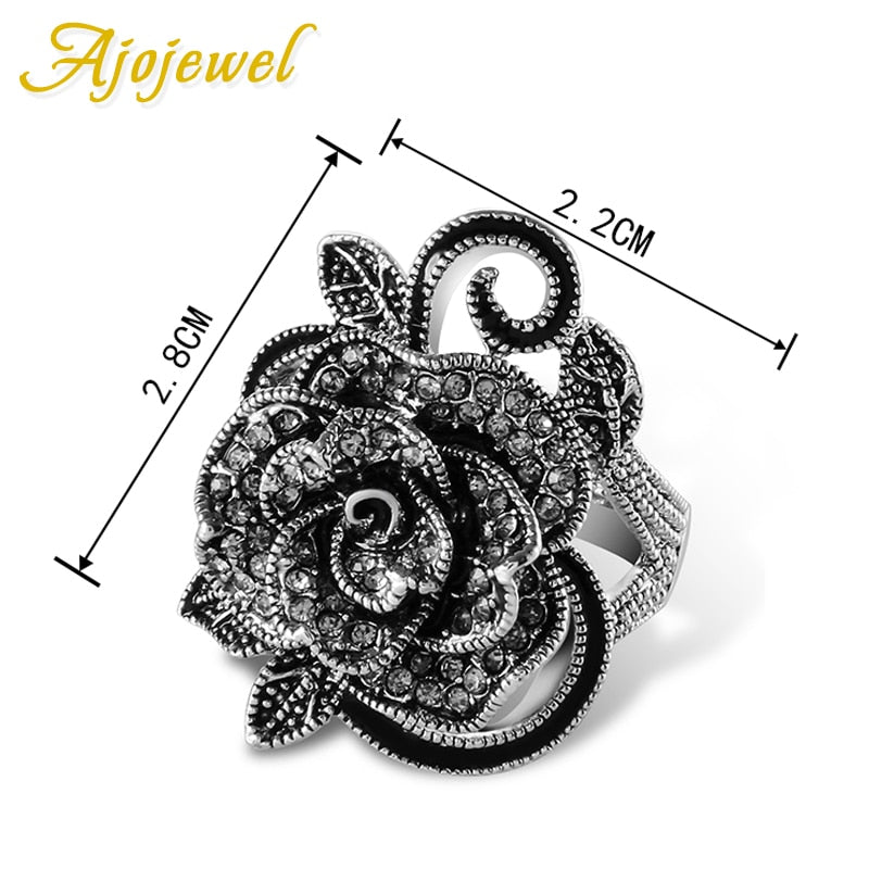 Ajojewel #7-9 Black Rose Flower Big Vintage Rings For Women Unique Retro Crystal Rhinestone Jewelry Luxury Gift