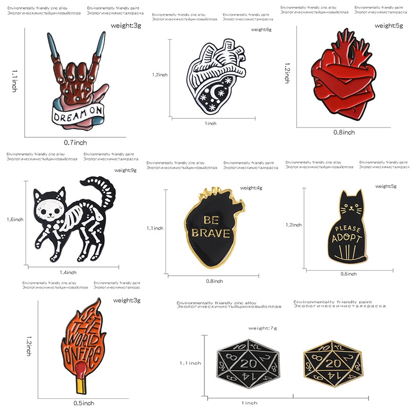 Punk style enamel Pins Night sky Heart Black skeleton cat Brooches for Men & Women Dragon & amp Dungeon Dice hand lapel Pin Badges Jewelry