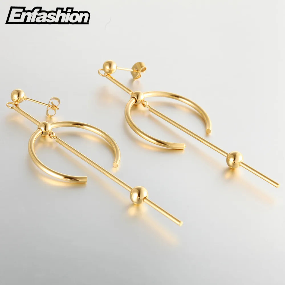 Enfashion Circle Line Dangle Earrings Gold color Earings Stainless steel Drop Earrings For Women Long Earring Jewelry brinco