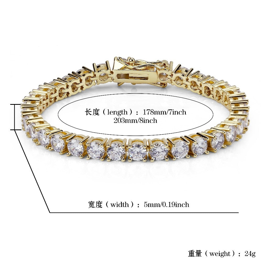 3mm-6mm Men’s/Women’s Tennis Bracelet with AAA+ Cubic Zirconia - Hip Hop Jewelry, Iced Out, 1 Row, Gold Color - CZ Charms Bracelet Perfect for Gifts