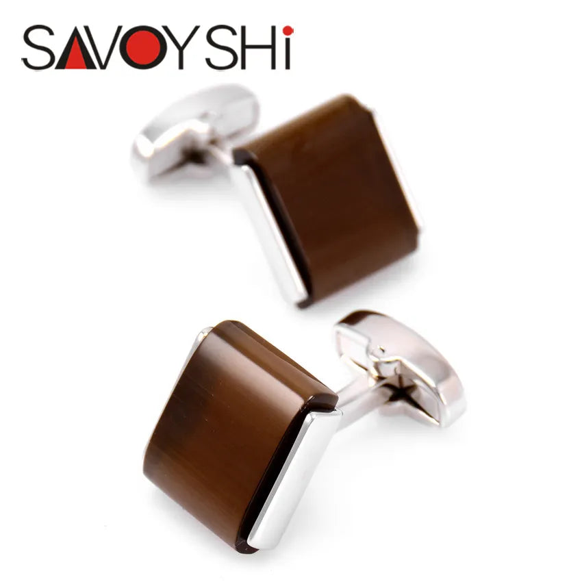 SAVOYSHI Shirt Cufflinks for Mens High Quality square brown Stone Cuff Links Brand Jewelry Special Gift Free Engraving Name