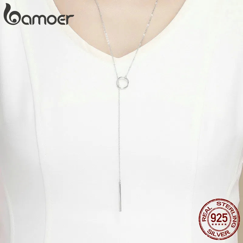 BAMOER Genuine 925 Sterling Silver Round Circle Line Geometric Pendant Necklaces for Women Sterling Silver Jewelry SCN304