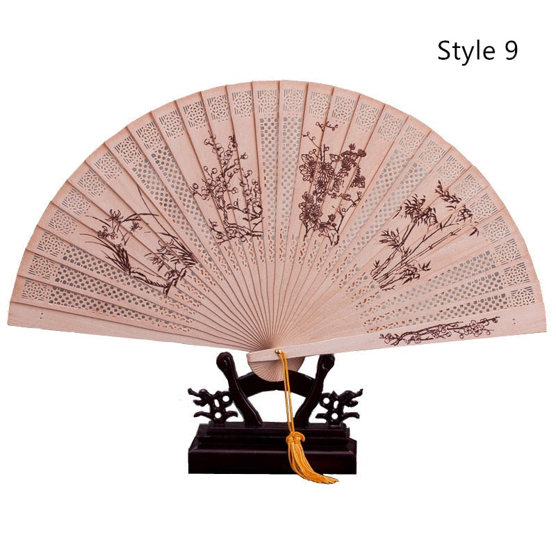 Chinese Japanese Folding Fan Original Wooden Hand Flower Bamboo Classical PrintedFan Ladies Dance Performance and Home Decor