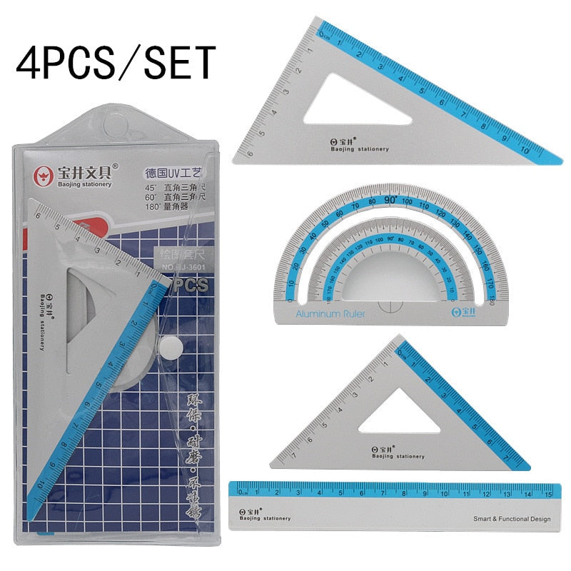 4PCS/Set UV Aluminum Alloy Ruler Drawing Measurement Geometry TriangleRuler straightedge Protractor A variety of rulers