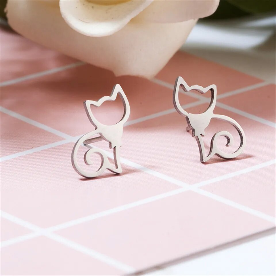 Lovely elegant simple cat stainless steel stud earring jewelry Fashion minimalist dainty post earrings for women bijoux brinco