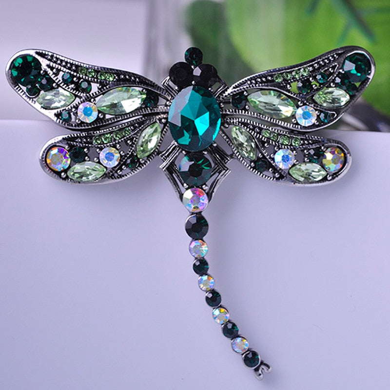 Blucome Green Dragonfly Brooches Corsages Jewelry Shining Crystal Vintage Brooch Crystal Big Broches Scarf Clothes Hijab Pins Up