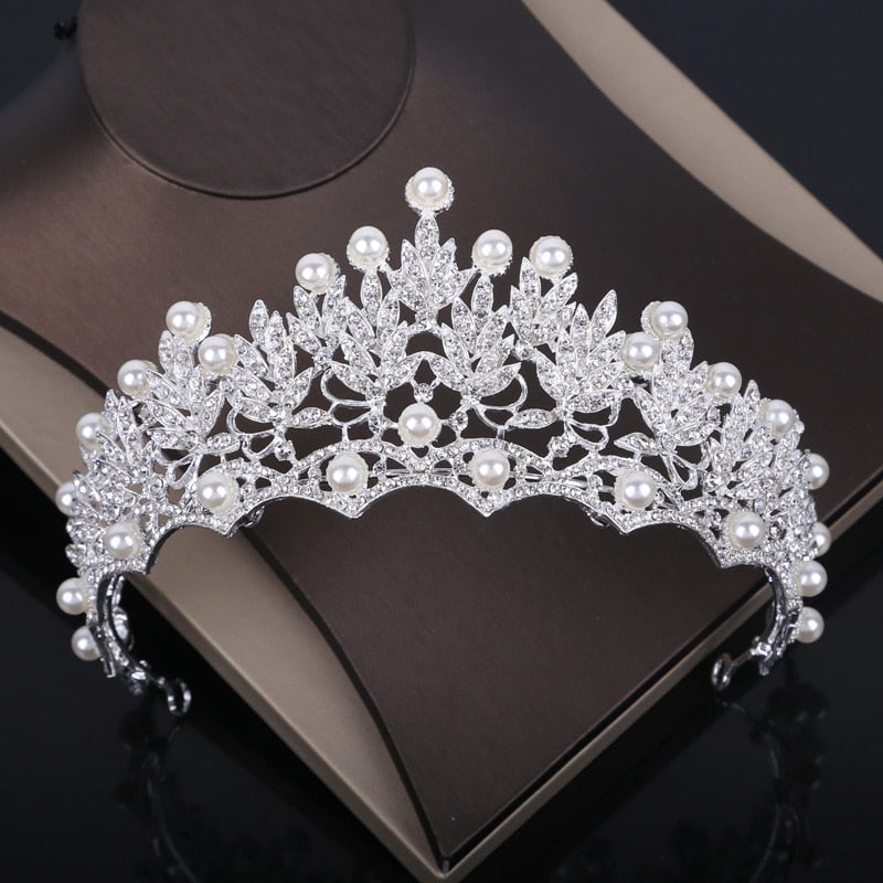 Fashion Crystal Pearl Costume Jewelry Sets Rhinestone Statement Necklace Earrings Crown Tiaras Set Women Wedding Jewelry Sets