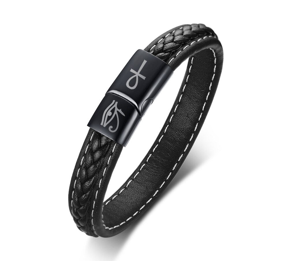 Black Genuine Leather Bracelet for Men Engraving Name Custom Personalized Logo