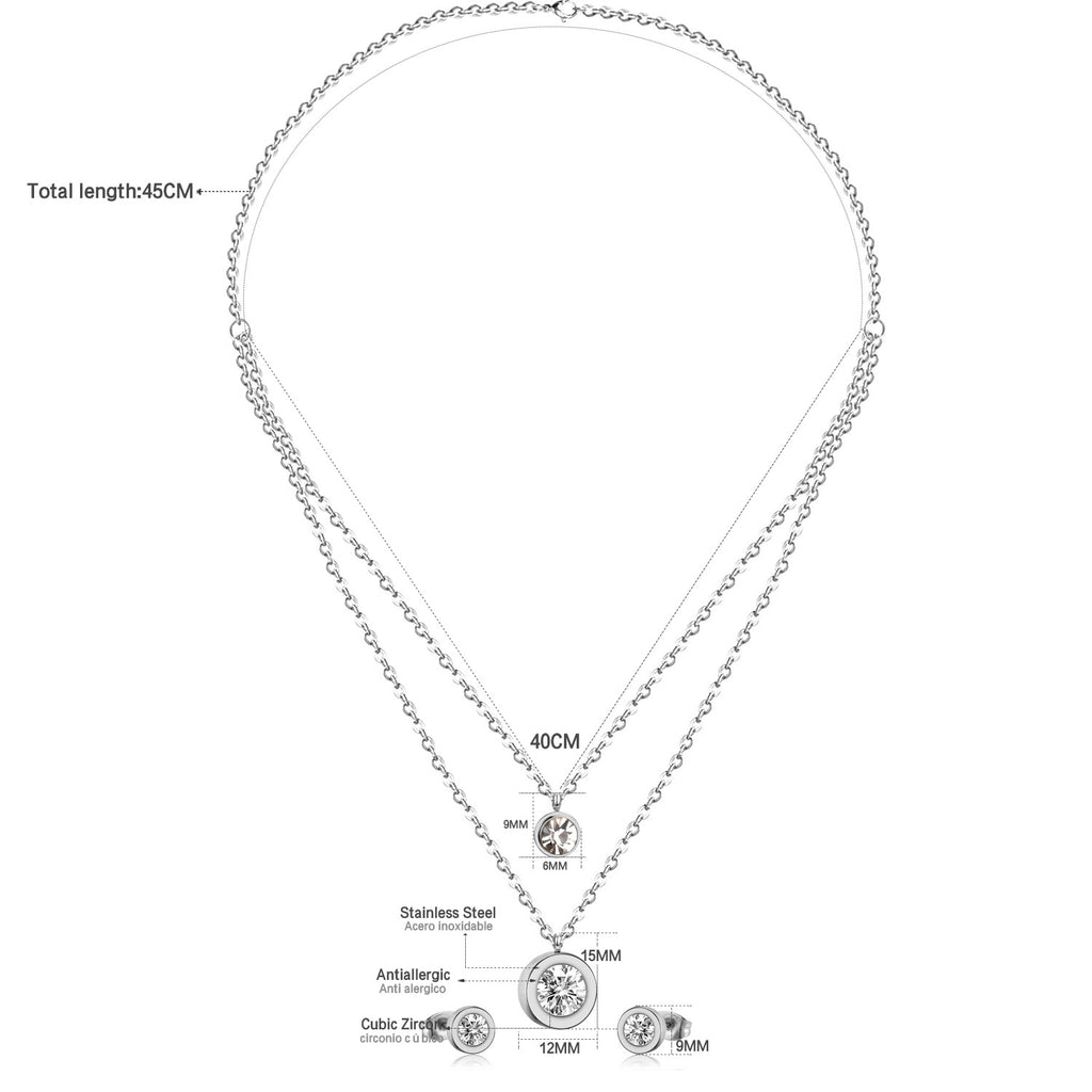 Stainless Steel Crystal Jewelry Set for Women and Girls: Luxury Double Round Pendant Necklace and Earrings.