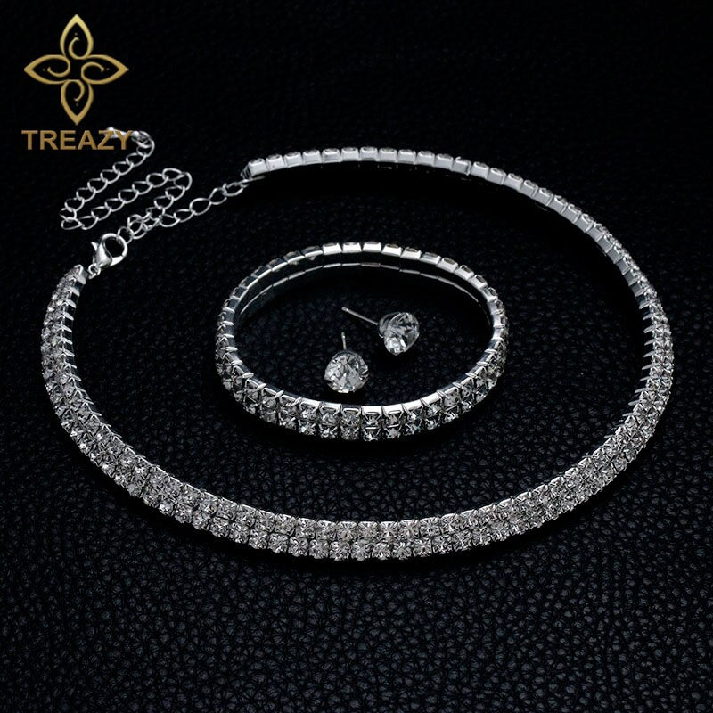 TREAZY Classic Rhinestone Crystal Choker Necklace Earrings and Bracelet African Wedding Jewelry Sets Bridal Wedding Accessories