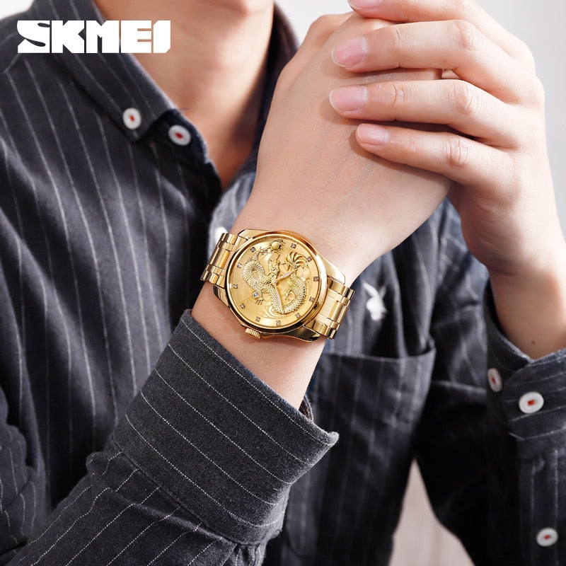 SKMEI New Luxury Chinese Dragon Pattern Men Golden Quartz Watch Male Watches Waterproof Wristwatches Relogio Masculino 9193