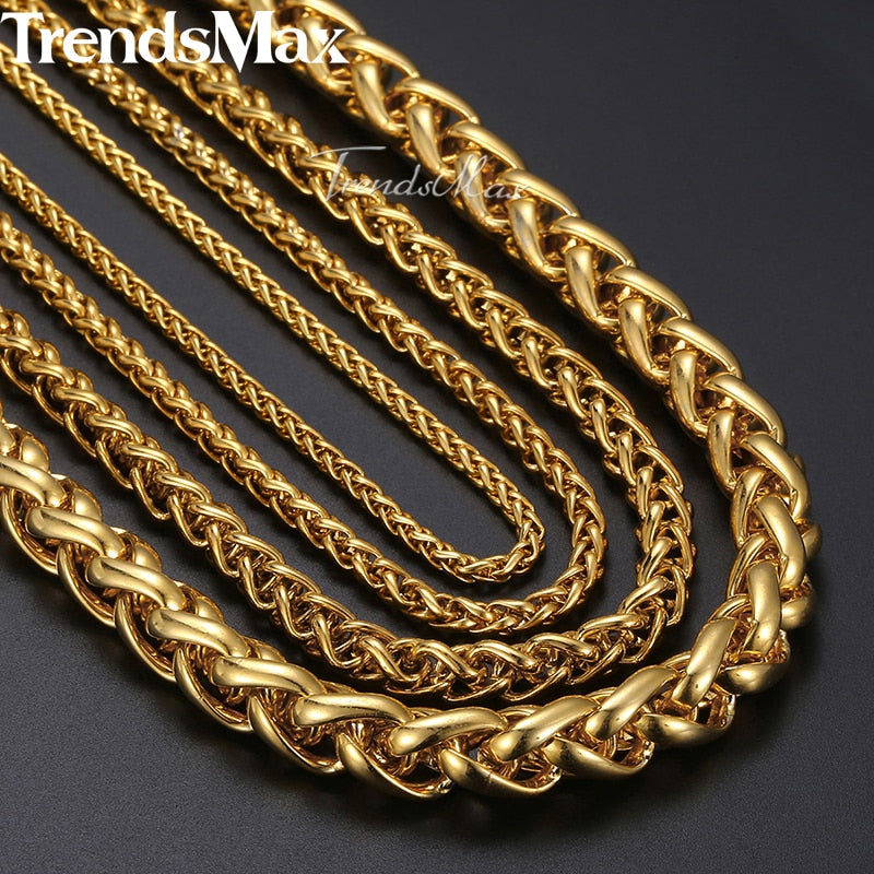 Length 3-10mm Men&#39;s Necklace Stainless Steel Gold Color Round Spiga Wheat Chain Hip Hop Jewelry Necklace For Men KNM136