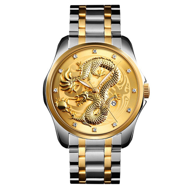 SKMEI New Luxury Chinese Dragon Pattern Men Golden Quartz Watch Male Watches Waterproof Wristwatches Relogio Masculino 9193